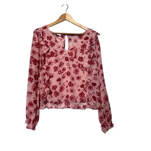 Gentle Fawn Pink Floral Ruffle Neck‎ V-Neck Long Sleeve Blouse Top Size L
